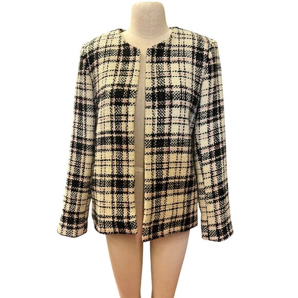 Vintage Herve Benard Collection Plaid Tweed Jacket Pink Black Cream Wool Blazer - Picture 3 of 6